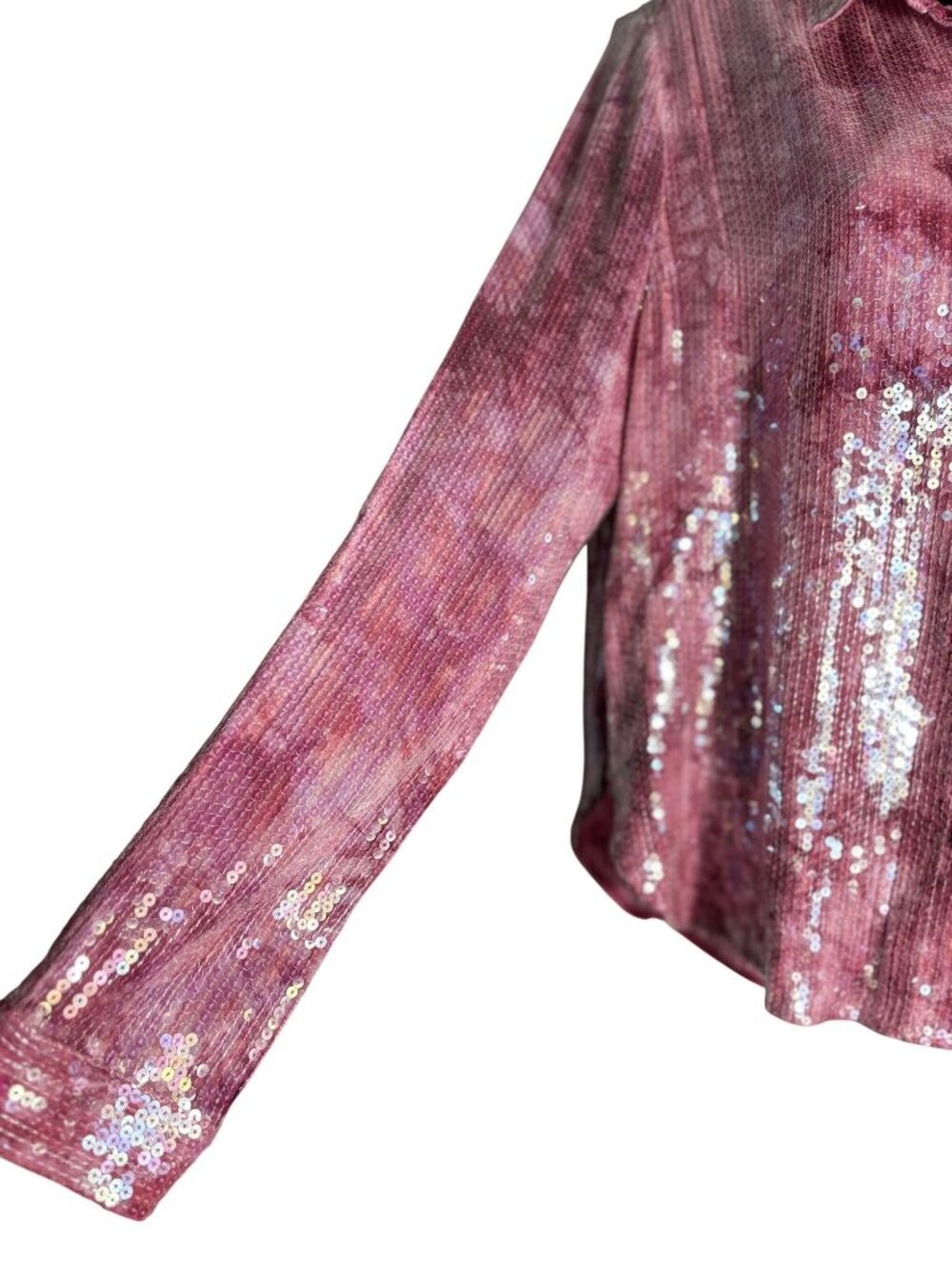 Anthropologie Pilcro Pink Sequin Button-Up Blouse Top Long Sleeves Size Large - Picture 3 of 16